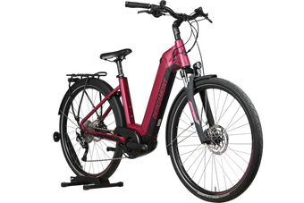 Vélo électrique Bergamont E-Horizon rose foncé de Loop Sports avec cadre ouvert, porte-bagages et pneus tout-terrain