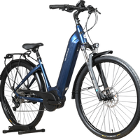 Vélo électrique bleu Loop Sports Velodeville AEB890 avec cadre ouvert, porte-bagages et pneus Continental
