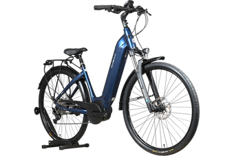 Vélo électrique bleu Loop Sports Velodeville AEB890 avec cadre ouvert, porte-bagages et pneus Continental