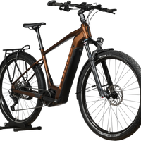 Vélo électrique Focus Aventura 6.8 marron de Loop Sports avec porte-bagages, garde-boue et pneus tout-terrain