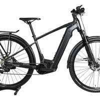 Vélo électrique Focus Aventura 6.7 noir de Loop Sports avec porte-bagages et garde-boue sur un socle en bois