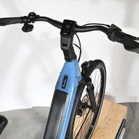 Vue rapprochée du guidon et de l'écran LCD du vélo électrique bleu Giant Liv Allure E+2 chez Loop Sports