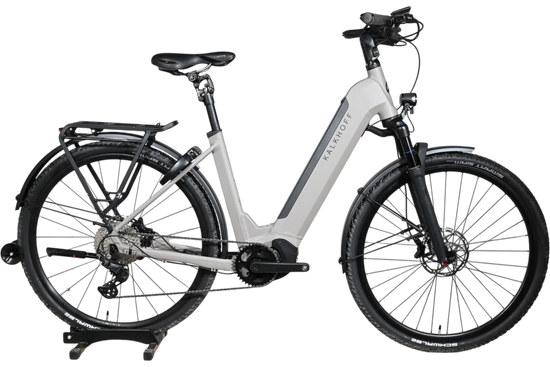Vélo électrique Kalkhoff Entice 5 Move+ gris chez Loop Sports avec cadre ouvert, porte-bagages et pneus tout-terrain
