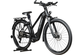 Vélo électrique noir KTM Cento 10 Plus de Loop Sports avec cadre ouvert, porte-bagages et pneus tout-terrain