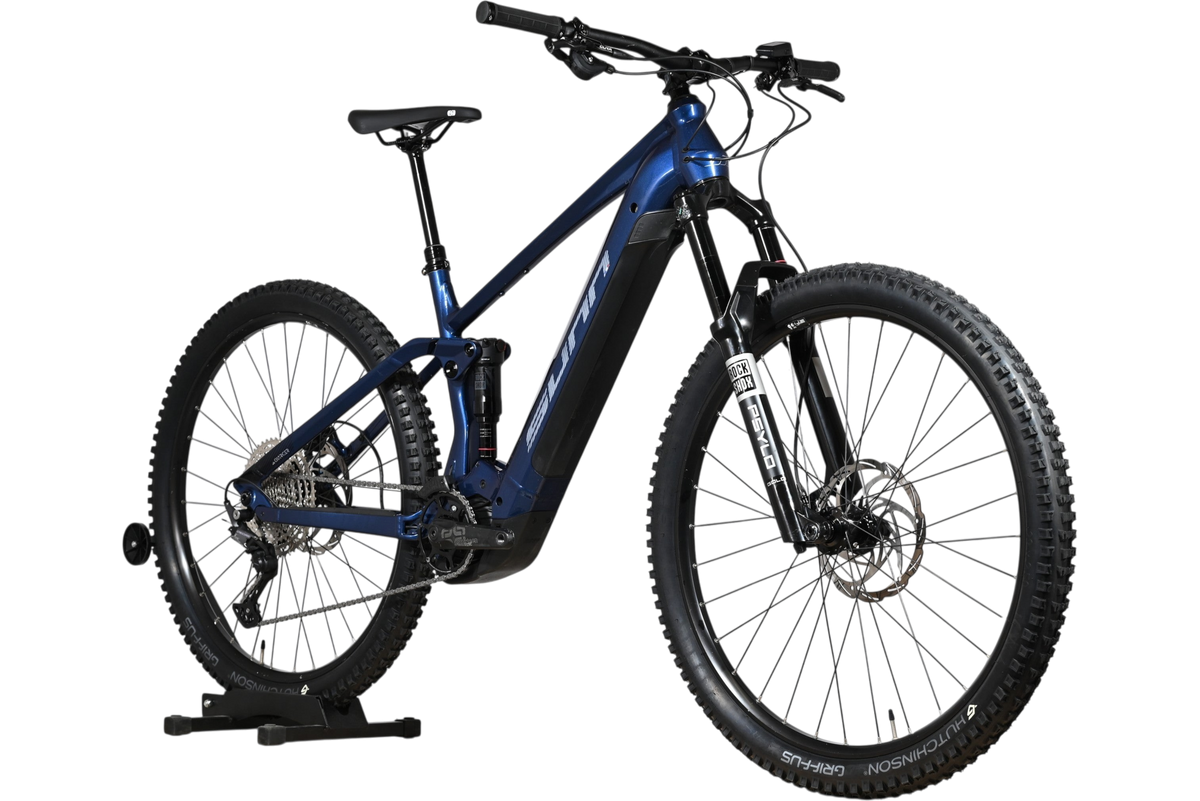 Velo electrique tout-terrain Sunn Charger S1 2025 bleu de Loop Sports avec suspension et pneus Hutchinson