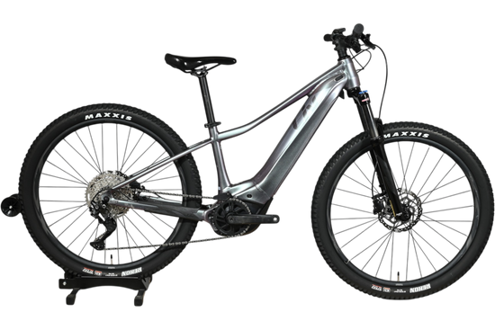 Velo electrique VTT Giant Liv Vall E+2 2025 gris argent de Loop Sports sur support en bois