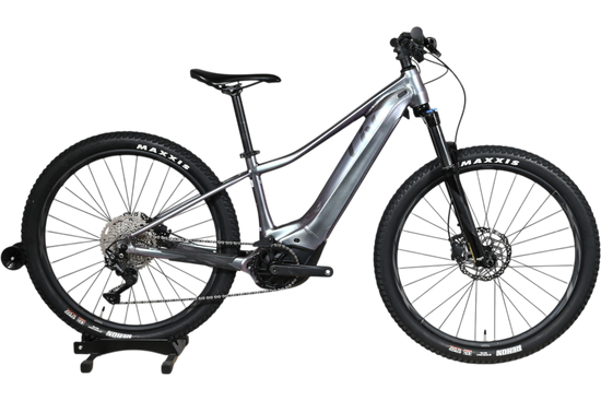 Velo electrique VTT Giant Liv Vall E+2 2025 gris argent de Loop Sports sur socle en bois