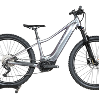 Velo electrique VTT Giant Liv Vall E+2 gris Loop Sports sur socle en bois