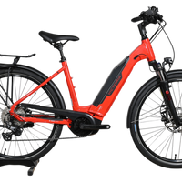 Vélo électrique de trekking rouge Victoria E-Trekking 8.8 de Loop Sports avec cadre bas et porte-bagages arrière