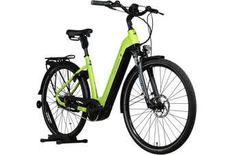 Vélo électrique Loop Sports Victoria eManufaktur 11.7 2023 vert citron avec cadre ouvert et porte-bagages