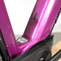 Gros plan sur le cadre violet brillant d'un vélo électrique Loop Sports Victoria Trekking 11.5 avec moteur Bosch