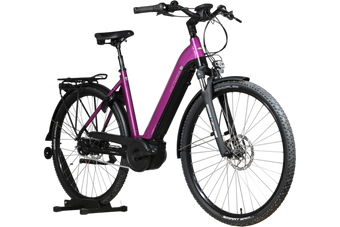Vélo électrique Loop Sports Victoria Trekking 11.5 violet avec cadre ouvert, moteur Bosch et pneus Schwalbe