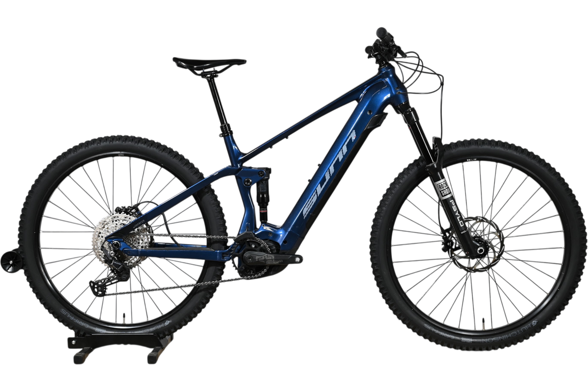 VTT électrique tout-suspendu Sunn Charger S1 2025 bleu de Loop Sports avec cadre en aluminium et composants RockShox