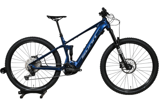 VTT électrique tout-suspendu Sunn Charger S1 2025 bleu de Loop Sports avec cadre en aluminium et composants RockShox