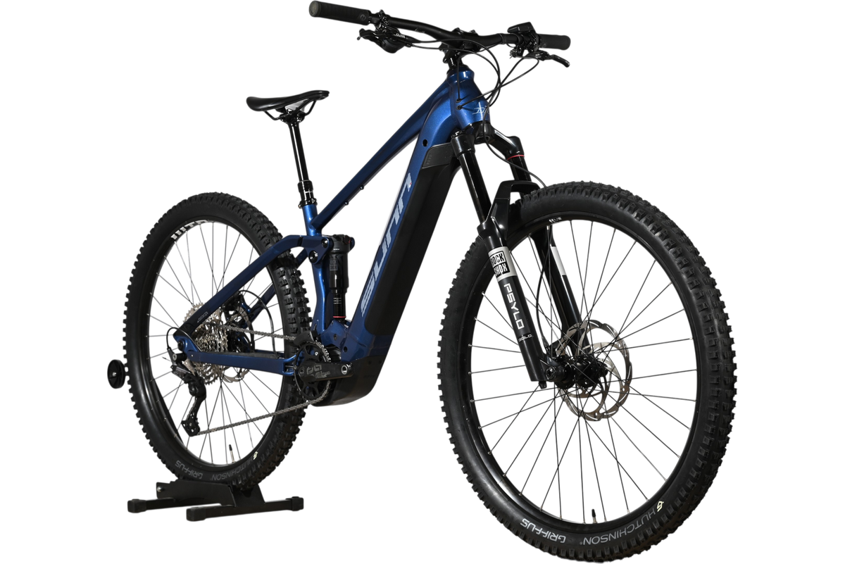 VTT électrique tout-suspendu Sunn Charger S1 bleu de Loop Sports avec fourche RockShox et pneus Hutchinson