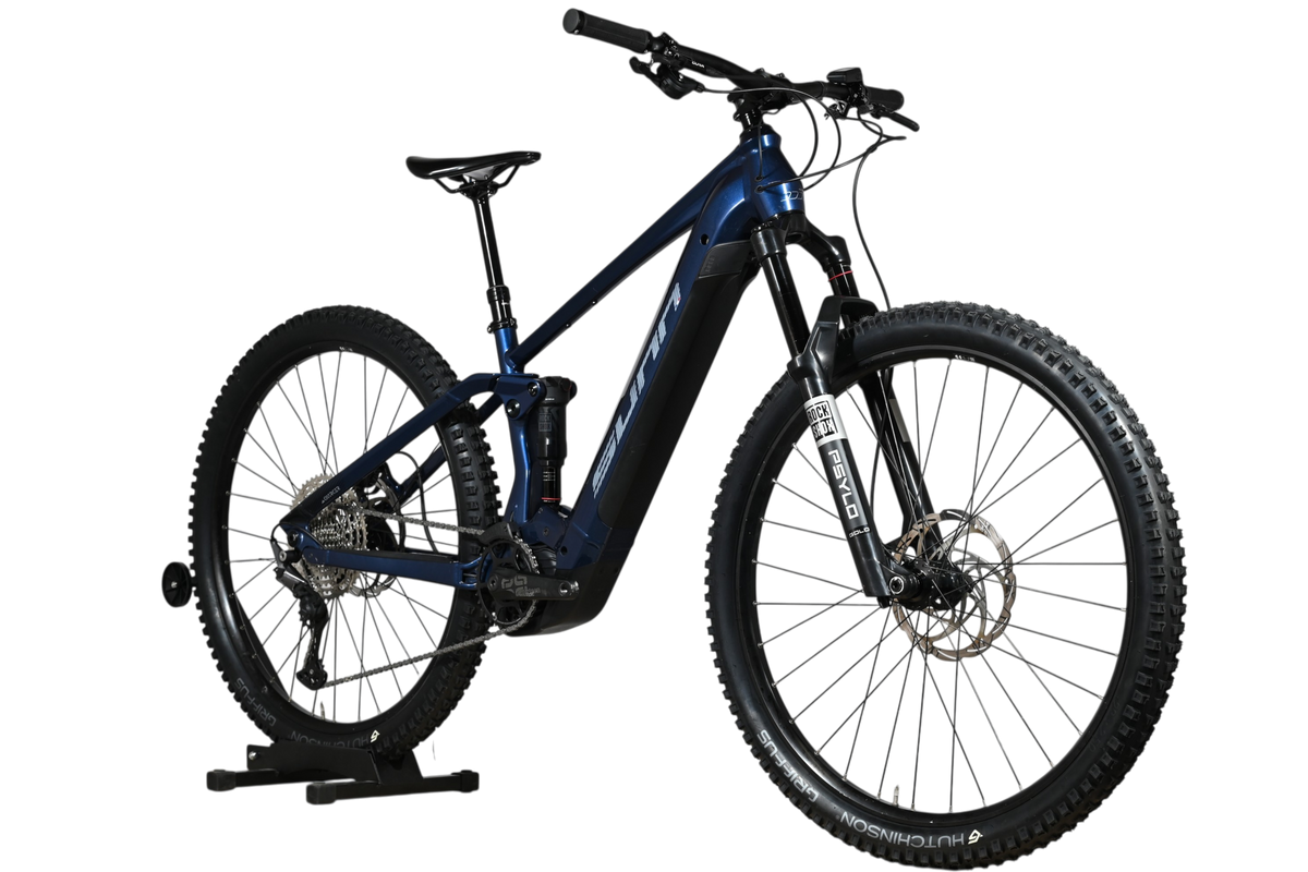 VTT électrique Sunn Charger S1 2025 bleu marine avec suspension tout-suspendu, présenté par Loop Sports