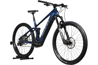 VTT électrique Sunn Charger S1 2025 bleu sur socle en bois chez Loop Sports
