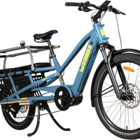 Vélo cargo électrique bleu Loop Sports Yuba Spicy Curry Family Edition avec porte-bagages arrière et détails jaunes