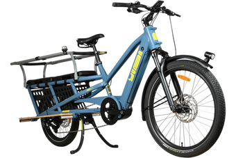 Vélo cargo électrique bleu Loop Sports Yuba Spicy Curry Family Edition avec porte-bagages arrière et détails jaunes
