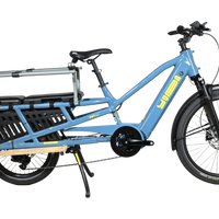 Vélo cargo électrique bleu Yuba Spicy Curry Family Edition 2025 chez Loop Sports avec porte-bagages arrière